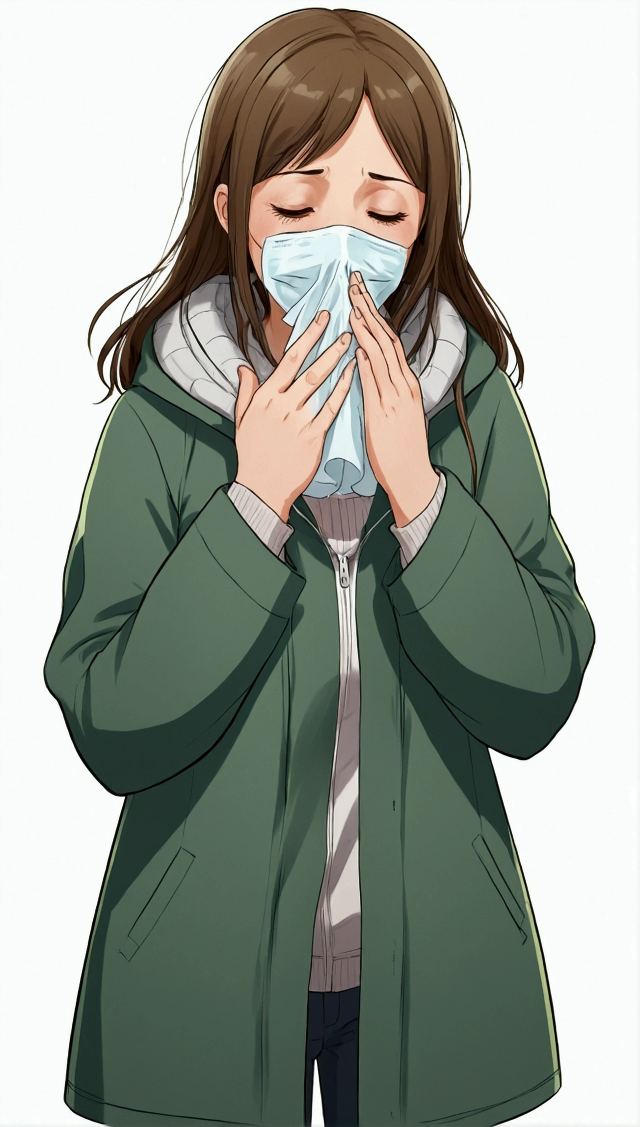 anime. Young woman. Fat basin. a cold. runny nose. snot. Sneezes nonstop. snotвое чихание, sneeze spray. standing upright. whole body.