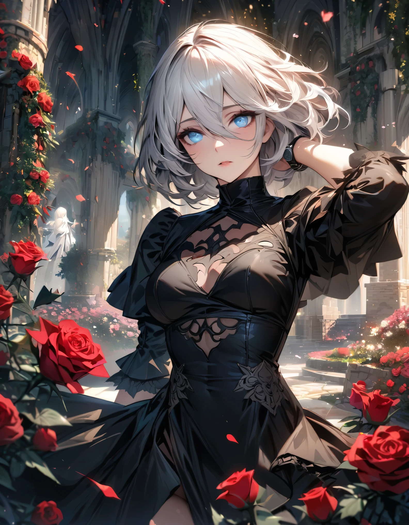 most absurd, highres, extremely detail, HDR, ​masterpiece, extremely detailed face and eyes, 2b, white hair, expressive blue eyes, Nier-Automata, alone, woman, Extremely beautiful, Pretty, Black Dress, rose rosen, blossoms, blossomsblätter, in woderland, watch