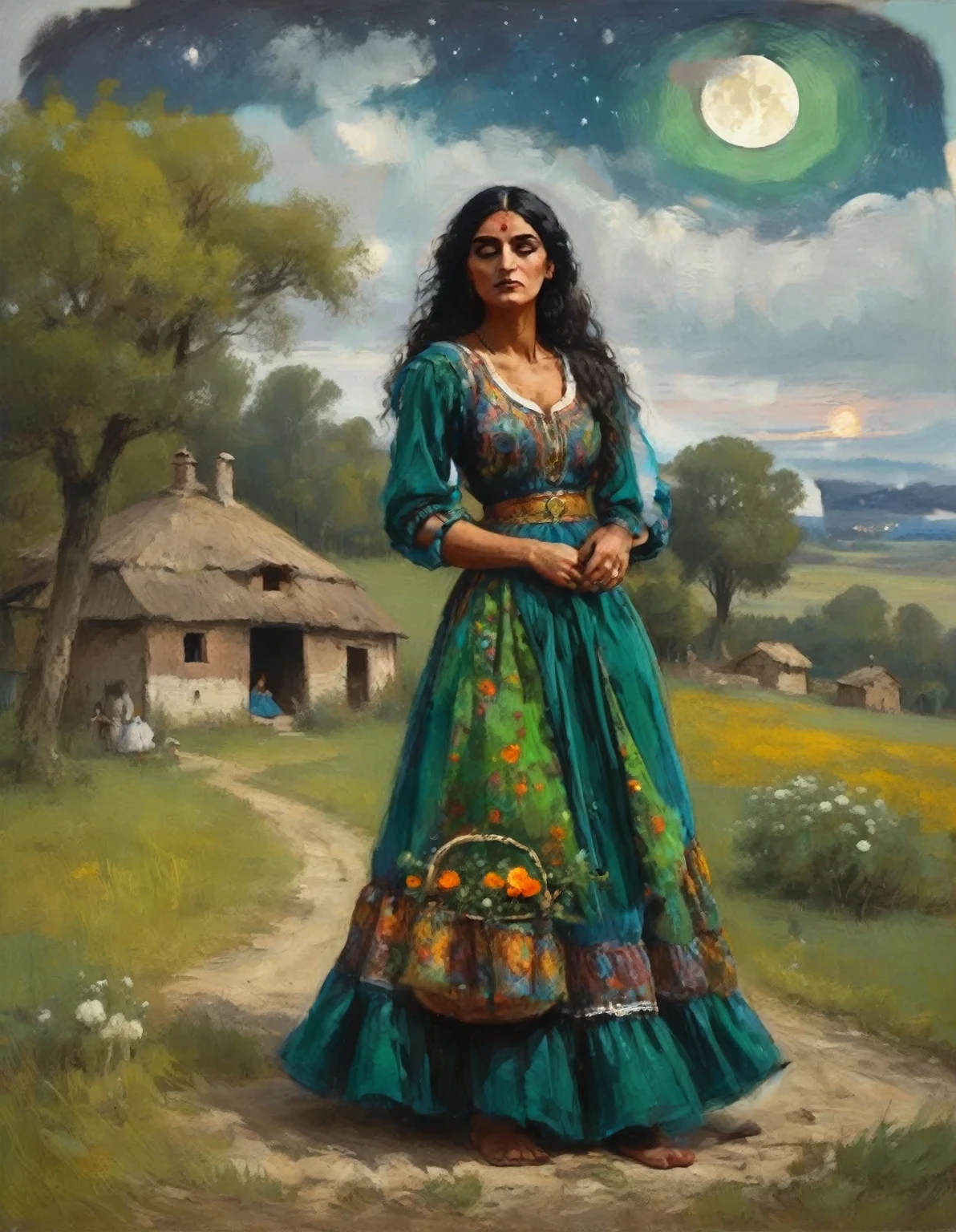 centered oil painting with panoramic view of a night landscape, full moon night, with a rustic house in the background, full length of a beautiful gypsy girl in a dress ((green dark))) (4:8), acentuade collors, walking in front of a house, Night sky with full moon, night shadows,Magnificent oil painting, Art station style, fantasy art style by Abigail Larson, high détail, 8k, mid-journey style