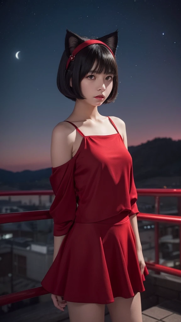 Delicate and dainty young woman with shiny bob-cut black hair and cat ears. She is wearing red wear with mini-skirt. The background is a fantastic and ethereal night sky that seems to be haunted by a specter. Her expression is stern and atmospheric.