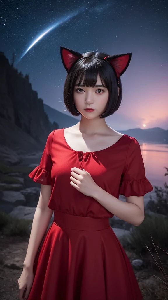 Delicate and dainty young woman with shiny bob-cut black hair and cat ears. She is wearing red wear with mini-skirt. The background is a fantastic and ethereal night sky that seems to be haunted by a specter. Her expression is stern and atmospheric.