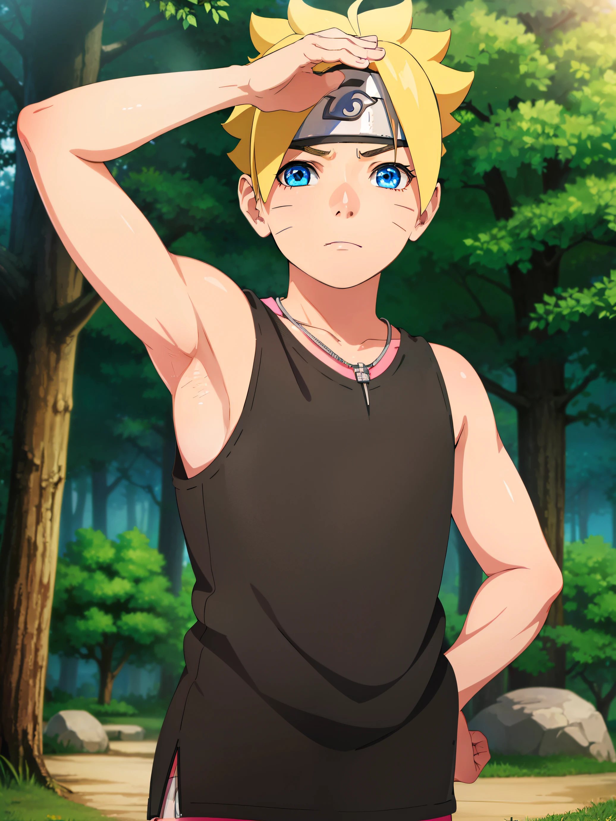 Borutouzumaki, Boruto uzumaki, short hair, blue eyes, blonde hair, Boy, Shota, focus, facial mark, spiked hair, whisker markings, forehead protector, Sleeveless hoodie, Bare shoulder, necklace, forest, nature, trees, grass, sky, clouds, sun, Looking at viewer, (Showing armpit:1.3), BREAK (masterpiece:1.2), best quality, high resolution, unity 8k wallpaper, (illustration:0.8), (beautiful detailed eyes:1.6), extremely detailed face, perfect lighting, extremely detailed CG, perfect hands, perfect anatomy