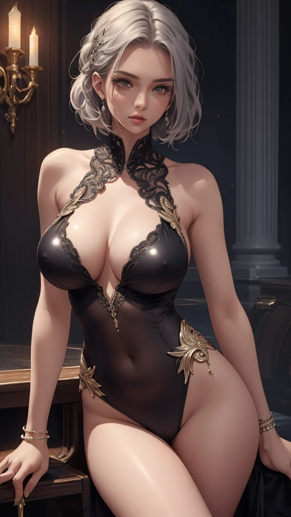 Best quality, masterpiece, realistic, Beautiful y cool tall, slim, fit woman, intricate and highly detailed sleeveless leotard, bigeep cleavage, bob air, body chain, diamond jewelry, sparkly, shiny, wlop