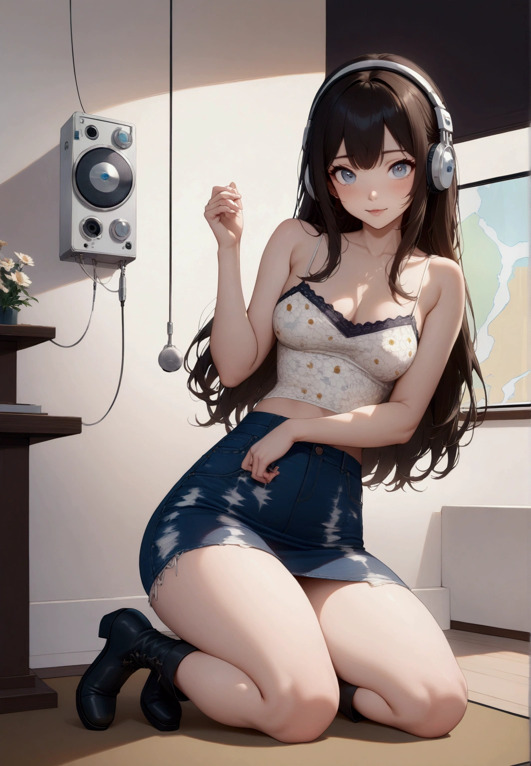 realistic anime of a cute young long hair woman with headphone on living room, warm lighting, (she has a black hair without bangs ), (wearing white with flowers print spaghetti strap, frings spaghetti strap, navy-blue denim pencil skirt, black boots), (1girl, solo, full body), (masterpiece, best quality, expressive eyes, perfect face, japanese anime style)