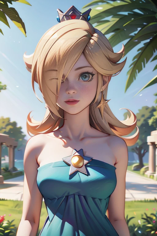 A beautiful, detailed 8K CGI portrait of an attractive blond woman with hair covering one eye, wearing an ancient Greek-style dress, with a crown on her head, standing in front of ancient Greek columns and plants, highly detailed, photorealistic, cinematic bokeh, incredibly sharp resolution, masterpiece, best quality