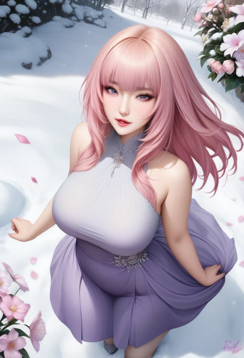 animetoreal, masterpiece, best quality, very aesthetic, absurdres, 1girl, mature_lady,,Pastel pink hair,hime cut,snow land,surrounding by flowers,falling_petals, petals,,from above