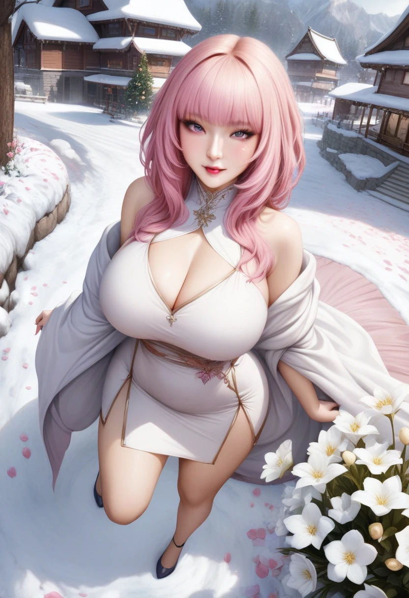 animetoreal, masterpiece, best quality, very aesthetic, absurdres, 1girl, mature_lady,,Pastel pink hair,hime cut,snow land,surrounding by flowers,falling_petals, petals,,from above