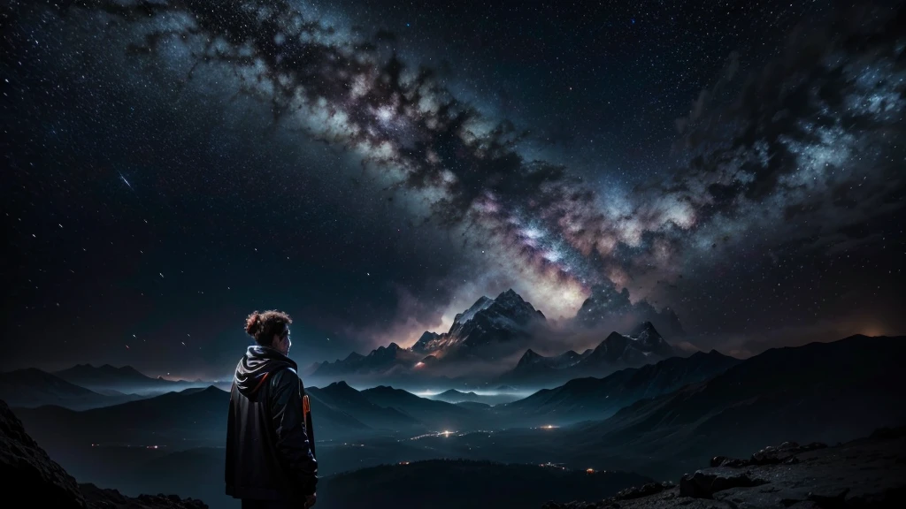 Mystical background with ORANGE AND BLACK tones, cosmic elements such as stars and nebulae. Figure of a middle-aged man, on the left side, with an expressive look, with an expression of enlightenment, surrounded by a brilliant aura. Spiritual symbols, representing the 9 signs.
