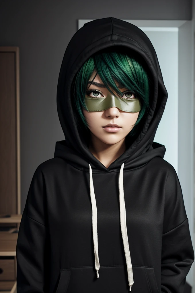 Colored full body Anime Illustration art of a emo woman with black short hair, light greenish eyes, a hood, and knight mask. She wears a dark hoodiesweater and dark Trousers. She is in her room