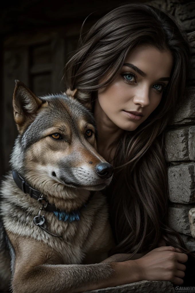 Un chien-loup hybride avec une moitié de son visage et de son corps ayant une apparence normale et gentille, tandis que l'autre moitié est en décomposition comme un zombie. La moitié gentille montre un pelage bien entretenu, des yeux lumineux et un air paisible, tandis que la moitié zombie présente des os exposés, une peau déchirée et des yeux ternes. Il se tient devant un paysage de montagne majestueux avec des sommets enneigés et des forêts de conifères. Image de tattouage reel en noir et blanc.