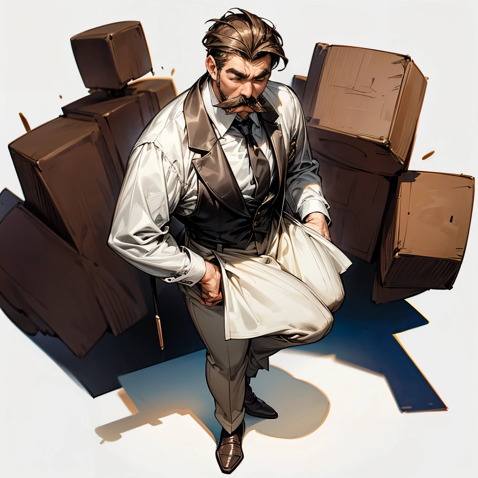 Solo character, full body version, middle-aged man, thin body, thick mustache, brown hair, bob hairstyle, big chin, brown long-sleeved shirt, short formal pants, white shoes, white simple background, shadow, standing gesture, (close eyes), Stick police in hand, police hat