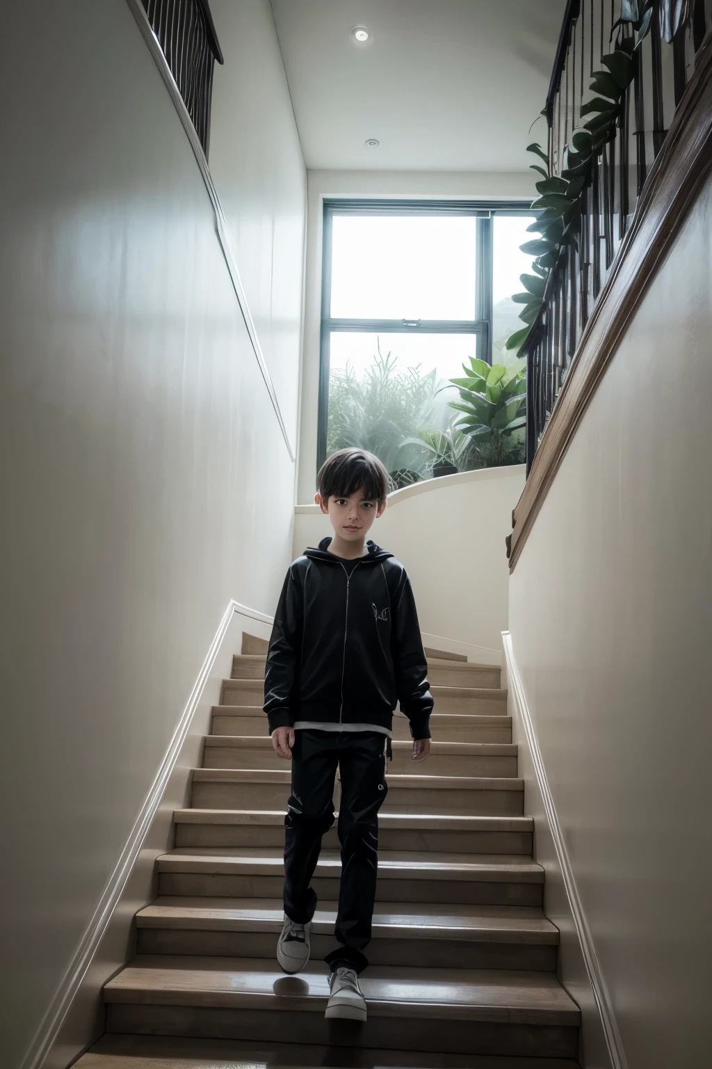 Gloomy boy climbing a white staircase with twisted plants.