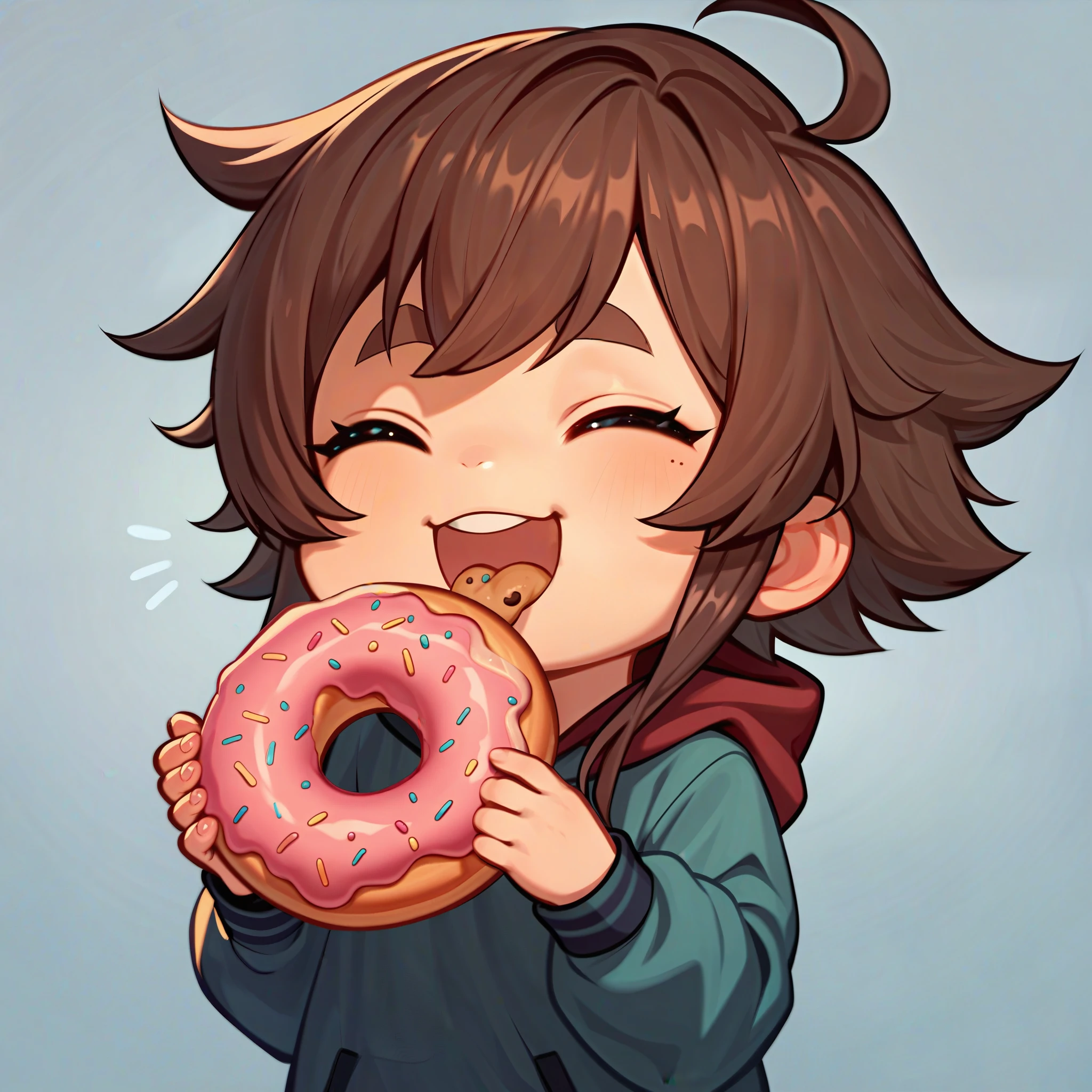 ((Simple Bold Line Drawing)),Expression, cute expression, a chibi little girl is eating a doughnut, her eyes are shining, very happy