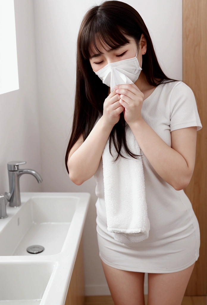 anime. Young woman. Fat basin. a cold. runny nose. snot. Sneezes nonstop. snotвое чихание, sneeze spray. standing upright. whole body.