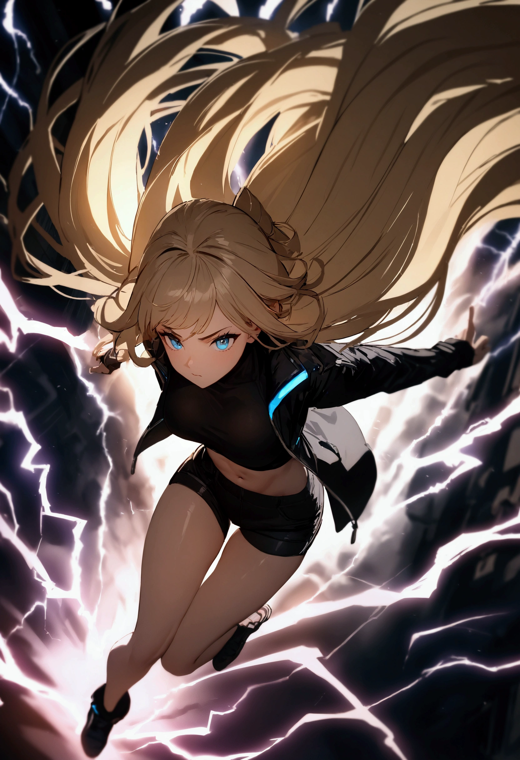 blonde, long flowing hair, cinematic, light blue eyes, glowing effect, electricity, 1 girl, beautiful girl, shorts, small black jacket with tight black shirt under, show navel, jumping in air, epic, masterpiece, futuristic, flowing lightning energy around body, Lightning Glow effect, very detailed, action pose, from above view depth of field, muscle definition.
