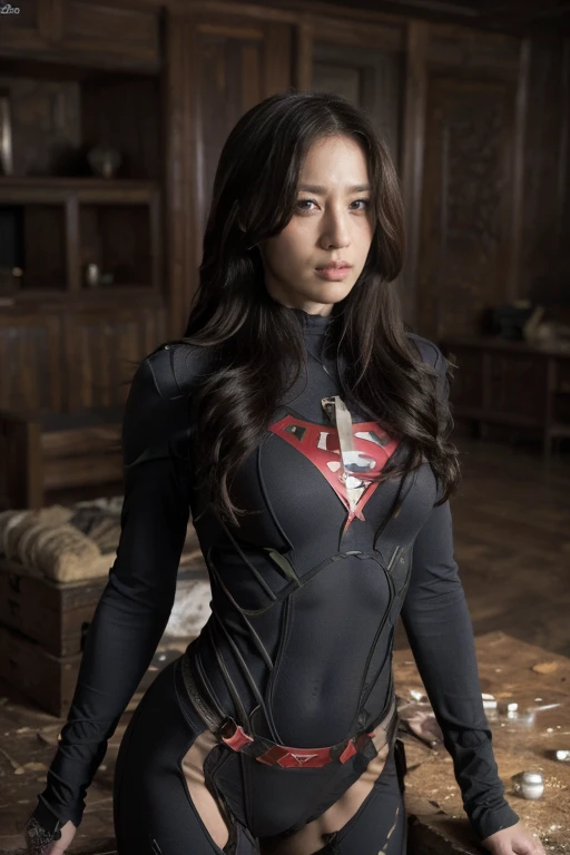 American style,masterpiece, best quality, Surreal, Ultra Detailed, 8K resolution, RAW photos, Clear focus, (1 American superhero), Solitary, Beautiful face, Perfect body, Mature woman,35 years old, Full body portrait, nano battle suit, Messy hair, very detailed,Movie, Movie light, Dark theme