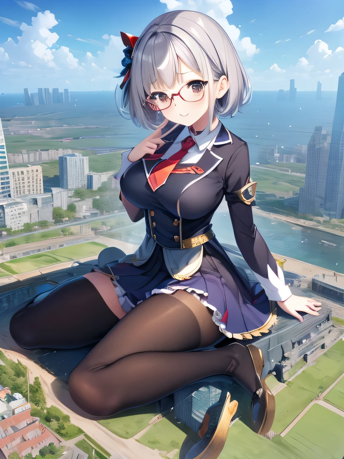 multiple girls, 3girls, standing, giantess art, highly detailed giantess shots, giantess, most detailed, perfect face, Two legs, Five fingers, short hair, A high school girl who is bigger than a skyscraper, Wearing rimless glasses, smile, huge breasts, Navy blazer, Red tie, mini skirt, black pantyhose, no shoes on, toes visible through pantyhose, Steam coming out from the soles of my feet, seaside metropolis, numerous miniature warships on the sea, Destroying cities, Under heavy attack, A very small big city, Miniature metropolis, Full body description, GTS, giga giantess, stomping city, crash city, tiny city, micro city, pantyhose feet, High resolution, highest quality, masterpiece, 