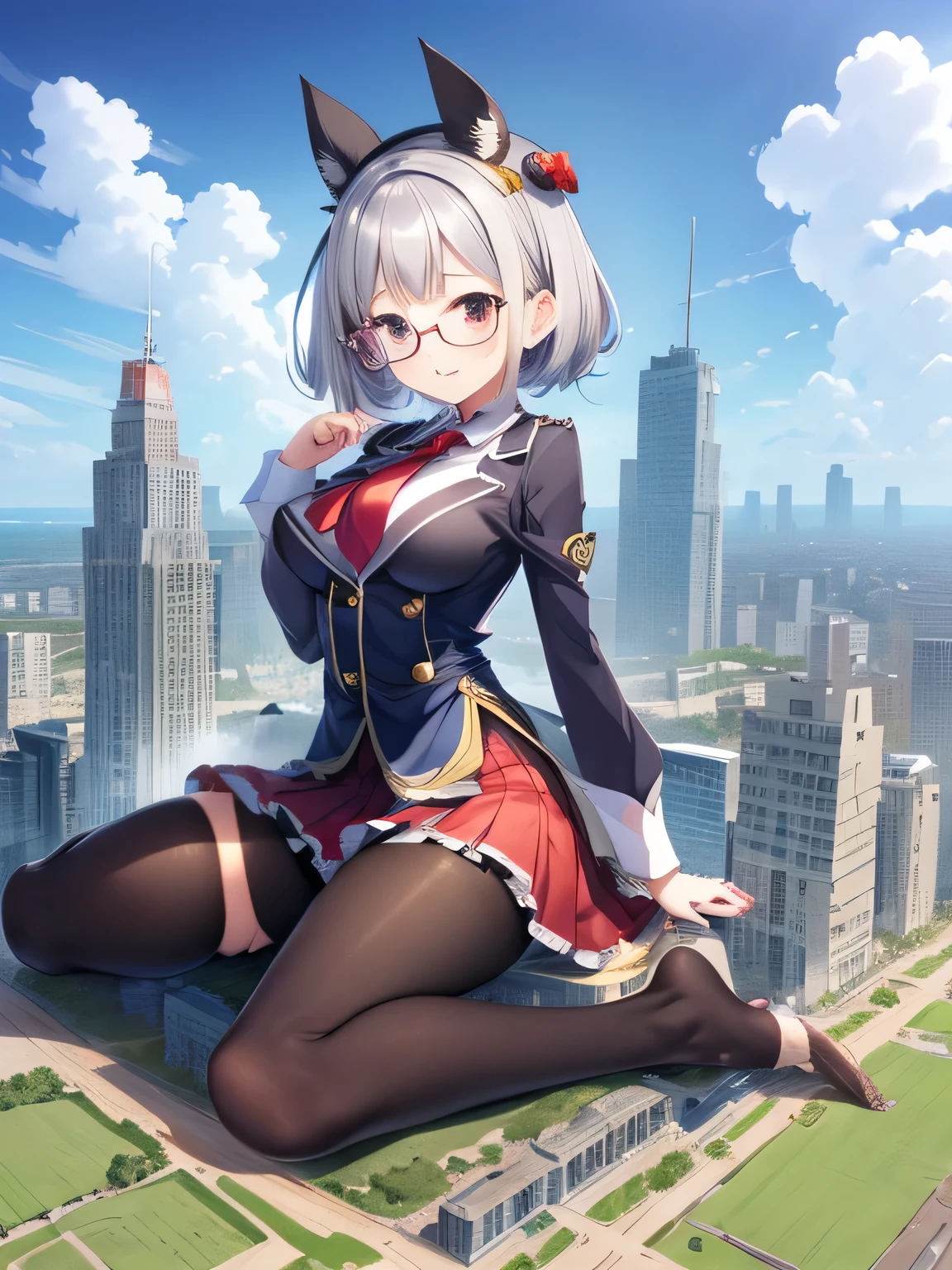 multiple girls, 3girls, standing, giantess art, highly detailed giantess shots, giantess, most detailed, perfect face, Two legs, Five fingers, short hair, A high school girl who is bigger than a skyscraper, Wearing rimless glasses, smile, huge breasts, Navy blazer, Red tie, mini skirt, black pantyhose, no shoes on, toes visible through pantyhose, Steam coming out from the soles of my feet, seaside metropolis, numerous miniature warships on the sea, Destroying cities, Under heavy attack, A very small big city, Miniature metropolis, Full body description, GTS, giga giantess, stomping city, crash city, tiny city, micro city, pantyhose feet, High resolution, highest quality, masterpiece, 