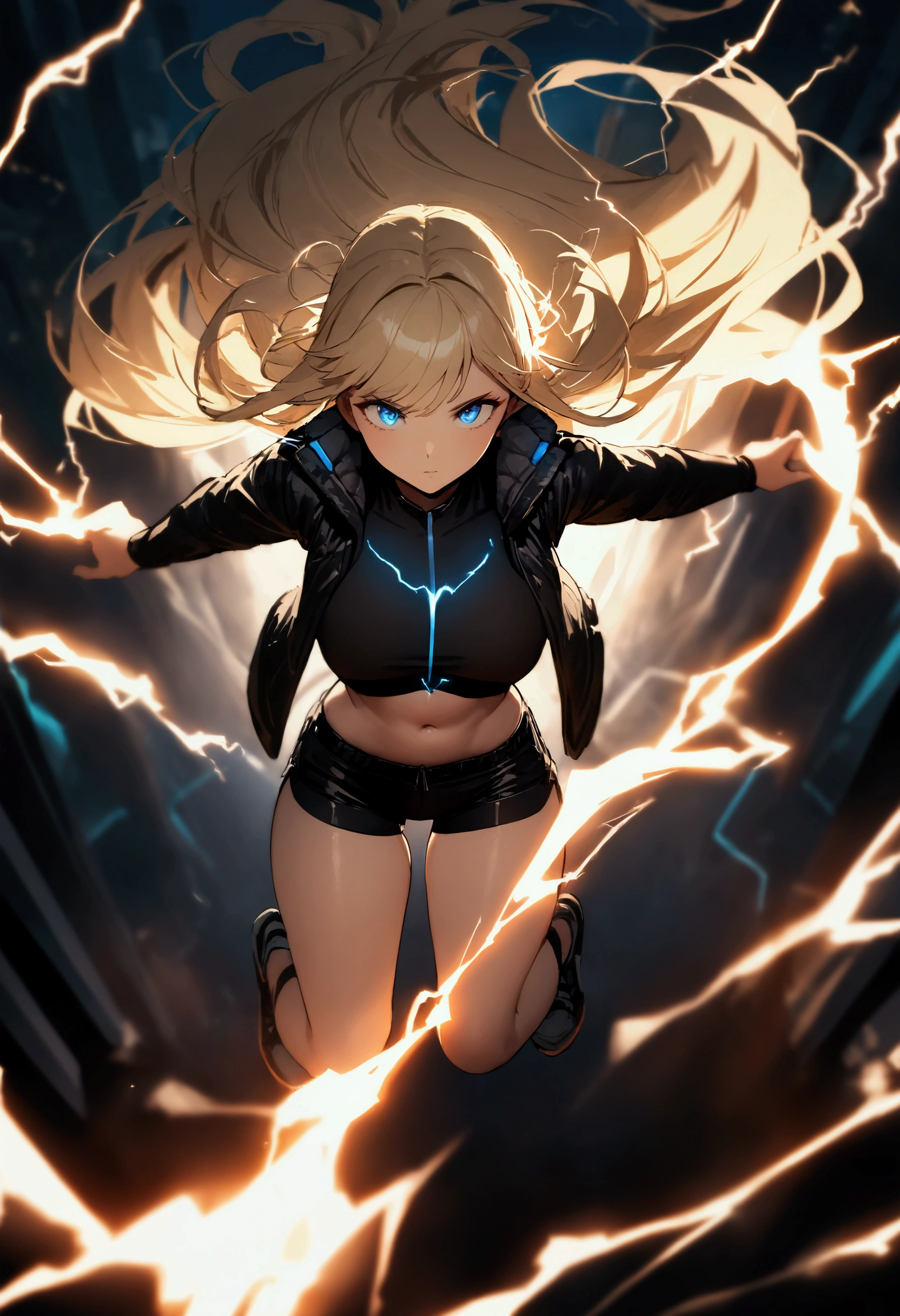 blonde, long flowing hair, cinematic, light blue eyes, glowing effect, electricity, 1 girl, beautiful girl, shorts, small black jacket with tight black shirt under, show navel, jumping in air, epic, masterpiece, futuristic, flowing lightning energy around body, Lightning Glow effect, very detailed, action pose, from above view depth of field, muscle definition.
