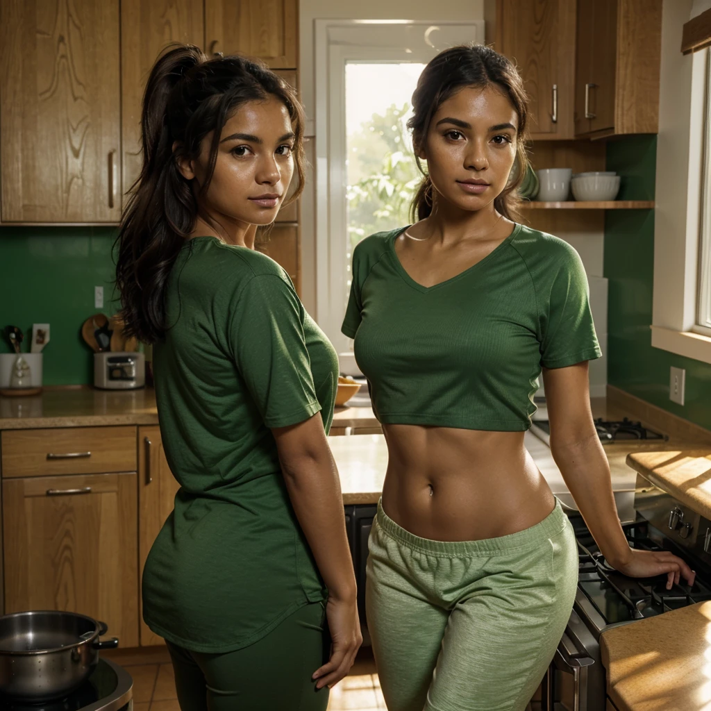 a 30 year old latin american woman wearing green shirt in her kitchen at home before going for a run,detailed face and body,photorealistic,high quality,cinematic lighting,warm color tones,natural sunlight,detailed background,clean kitchen interior