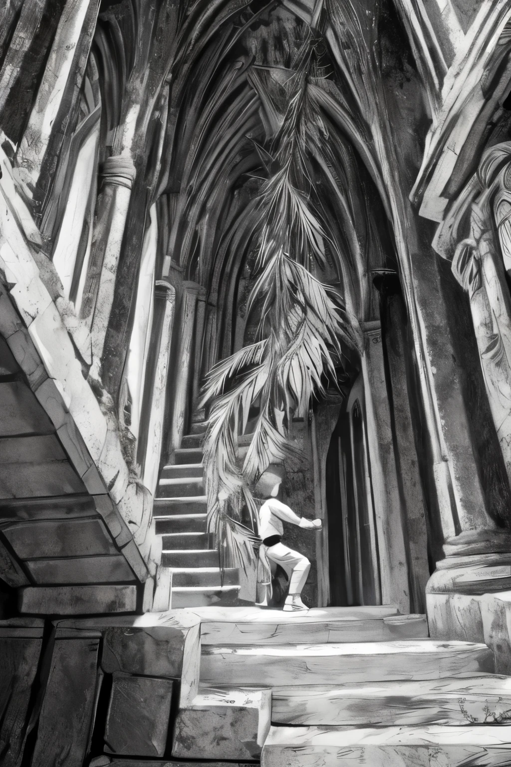 Gloomy boy climbing a white staircase with twisted plants. in black and white.