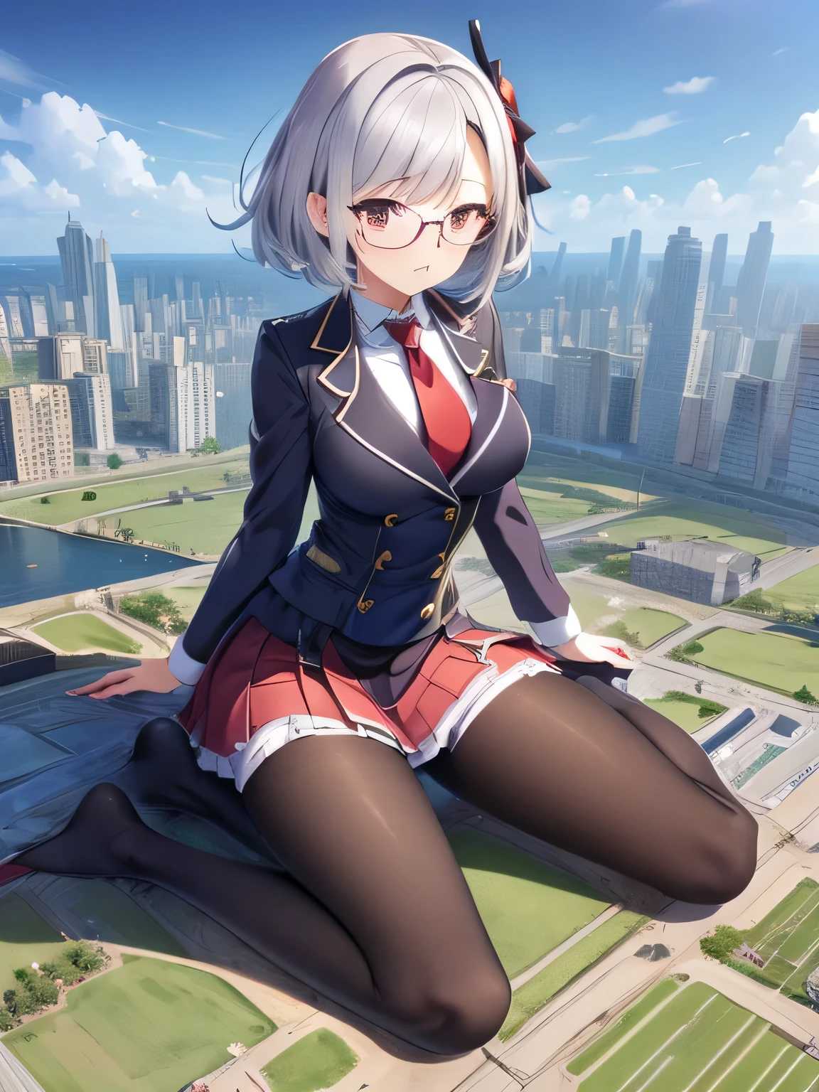 multiple girls, 3girls, standing, giantess art, highly detailed giantess shots, giantess, most detailed, perfect face, Two legs, Five fingers, short hair, A high school girl who is bigger than a skyscraper, Wearing rimless glasses, smile, huge breasts, Navy blazer, Red tie, mini skirt, black pantyhose, no shoes on, toes visible through pantyhose, Steam coming out from the soles of my feet, seaside metropolis, numerous miniature warships on the sea, Destroying cities, Under heavy attack, A very small big city, Miniature metropolis, Full body description, GTS, giga giantess, stomping city, crash city, tiny city, micro city, pantyhose feet, High resolution, highest quality, masterpiece, 