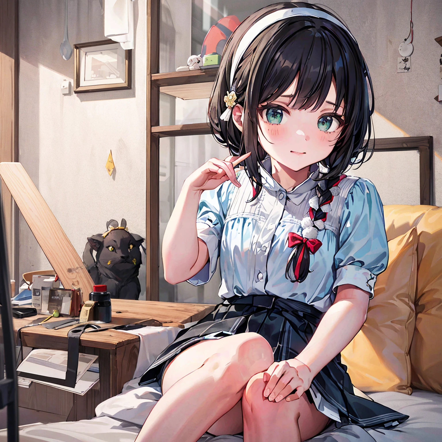 masterpiece, Highest quality, High resolution, User interface 1, One girl, (9-year-old girl, Shigure Ui(9 talents)), alone, Hair Ring, Green Eyes, pom pom hair accessories, (White satin children's panties:1.4),(Unbutton one's jacket, Open the front of your jacket) , White knee socks, Braiding, beret, Cowboy Shot, Sit on the stairs、Browsing Caution:1.5、(Bend your knees,Spread your legs wide),Inside the room,smile,Roll up the hem of your miniskirt, Showing panties, (Nipples, Pussy)