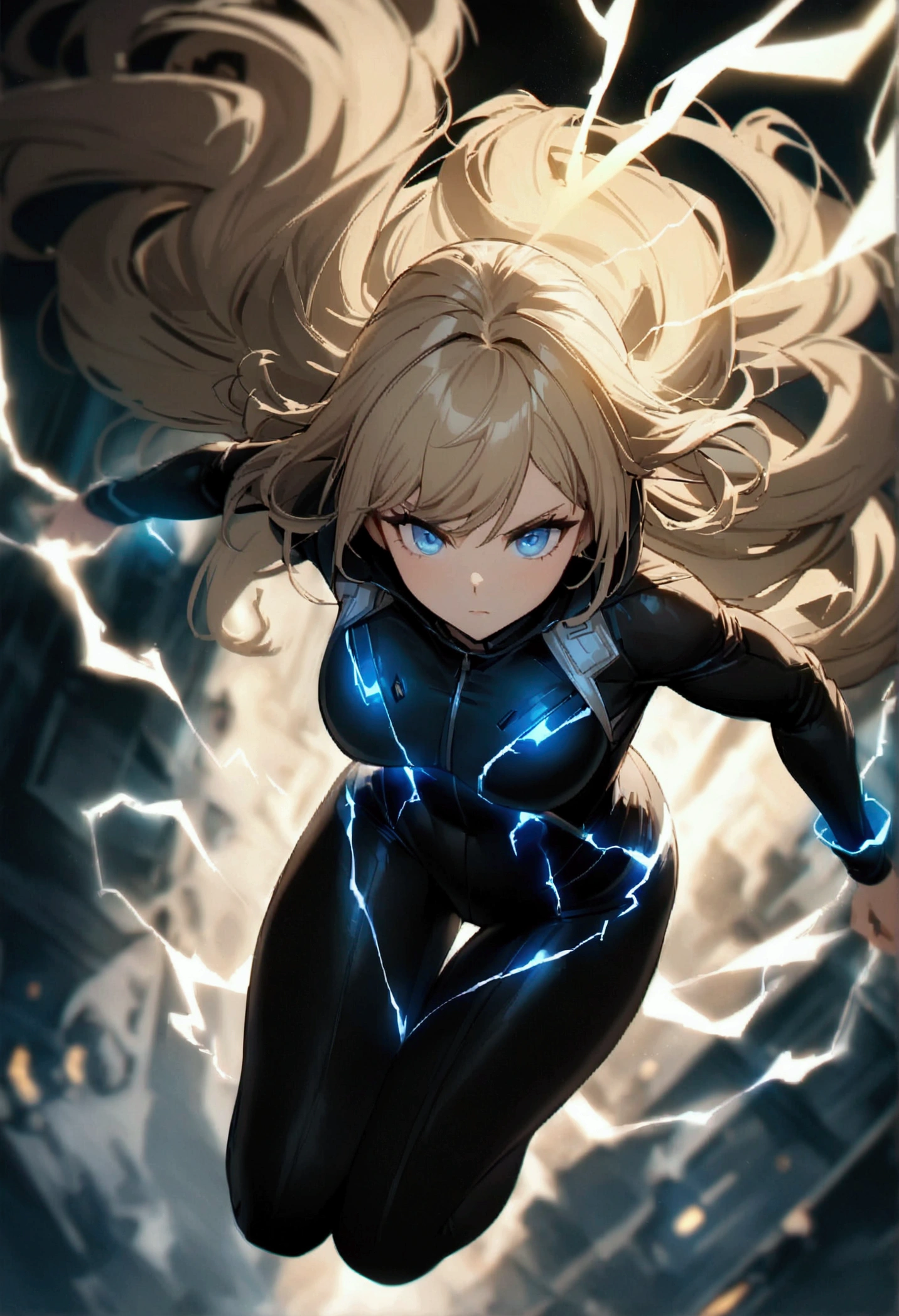 blonde, long flowing hair, cinematic, light blue eyes, glowing effect, electricity, 1 girl, beautiful girl, black leggings, small black jacket, jumping in air, epic, masterpiece, futuristic, flowing lightning energy around body, Lightning Glow effect, very detailed, action pose, from above view depth of field, muscle definition.