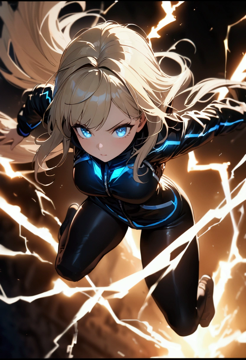 blonde, long flowing hair, cinematic, light blue eyes, glowing effect, electricity, 1 girl, beautiful girl, black leggings, small black jacket, jumping in air, epic, masterpiece, futuristic, flowing lightning energy around body, Lightning Glow effect, very detailed, action pose, from above view depth of field, muscle definition.
