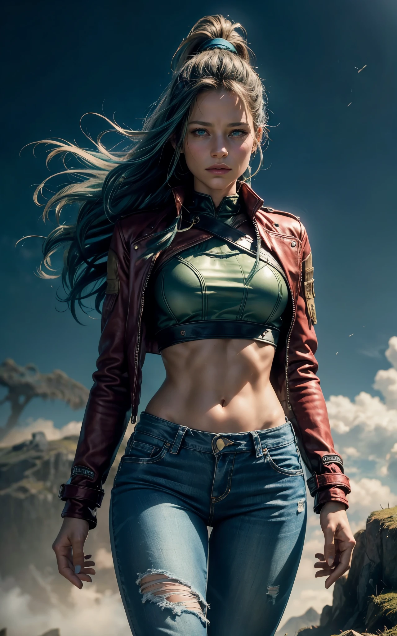 (Alicia Vikander:Evangeline Lilly), green light, glowing eyes, pov below, wind,, masterpiece, best quality, 1girl, cool, serious, medium breasts, long hair, blue  hair, red leather jacket, crop top, tight jeans, green eyes, abs