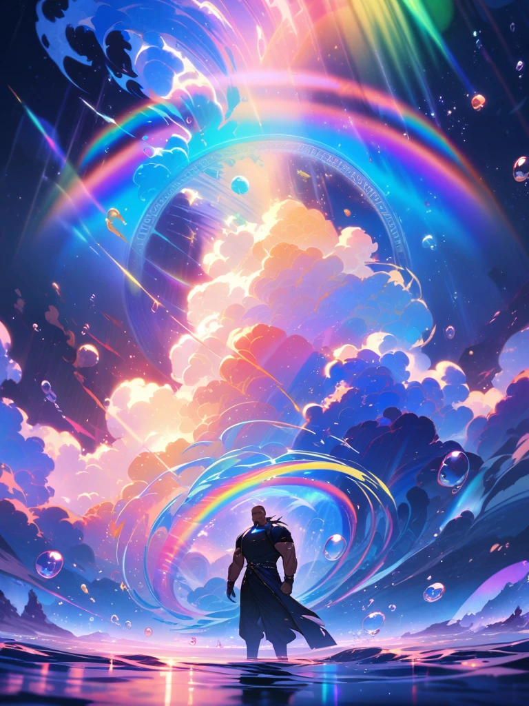masterpiece, best quality, 1 male, adult, mature, tall muscular guy, Dark theme, Magic circle, bubble, rainbow Sunlight, Underwater, Reflected mirror, floating piece of Glass, Rainbow light, Bubble Swirling, wind Swirling, Aurora, fantasy scenery, Starlight around the character, (upper body)