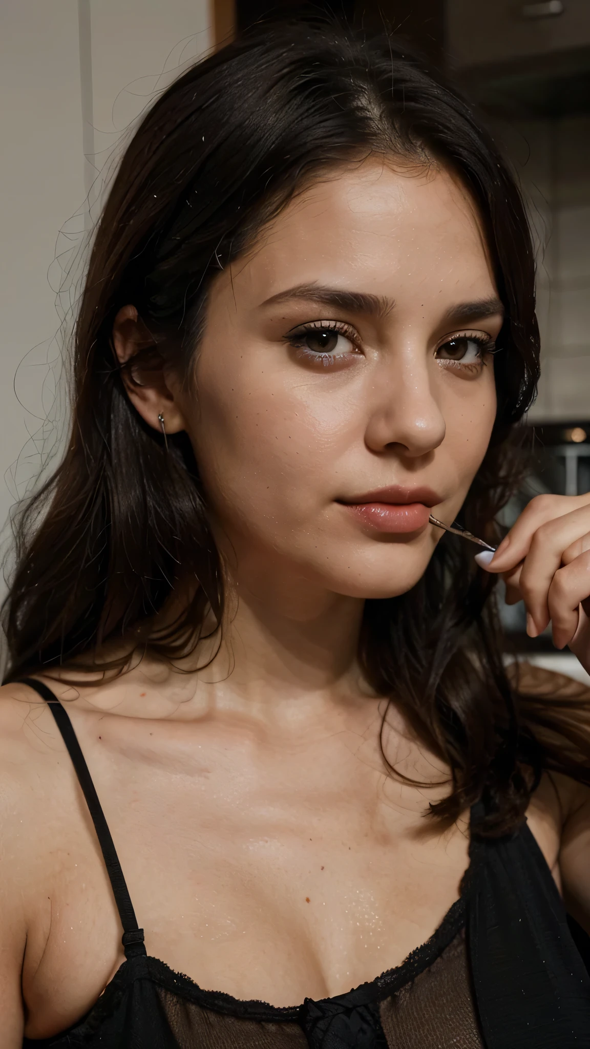 young german woman, black medium hair, brown eyes, 33 years old, cook lover, sexy, close-up, eating, wearing