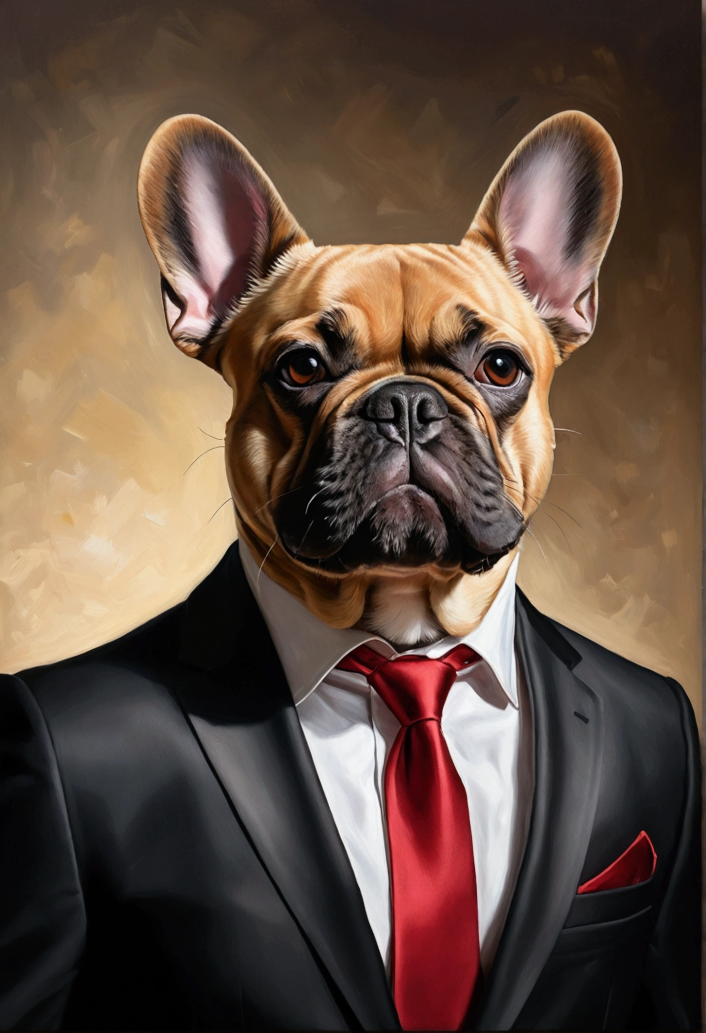  Retriever

French Bulldog head, (dog:1), brown suit, interlaced, dramatic lighting, masterpiece, best quality, photorealistic, hyperrealistic Perfect centering, Wearing a black suit with a red tie, smiling, Standing position, Abstract beauty, Centered, Looking at the camera, Facing the camera, nearing perfection, Dynamic, Highly detailed, smooth, Sharp focus, 8K, oil painting effect