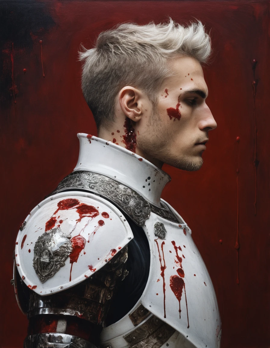 {{Masterpiece, best quality, oil painting, by Gustav Klimt, by Franz von Stuck, by Gustave Moreau}}, (((((((the profile half body portrait of a 20 year old male cyborg, manly, sexy, tall, muscular, he has blood covered silver hair, his face is injured face and splattered in blood, flashing eyes, sullen, arrogant, haughty, majestic, furious))))))), ((((((He is splattered in blood, wearing a blood covered white cyborg plate armor, with a red diamond shape on his chest)))))). (((flaming background))).