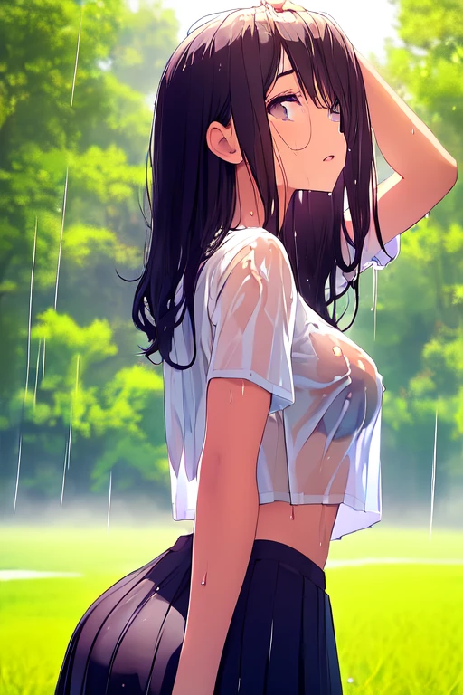 School Ground, , short sleeves, Skirt,
field, Bien visible through clothes, GOOD, transparent, Wet, girl with golden proportions, defined hips, big tits, butt rounding,
wavy mouth, (run:1.2), arms on head, looking away, Looking to the future, looking away, body with defined curves
(masterpiece, Best Quality, ultra detailed), black fur, big breasts, in a sheer see through wet white shirt, wet clothes,
beautiful face, kawaii, small face, (rain),
1 girl, Alone