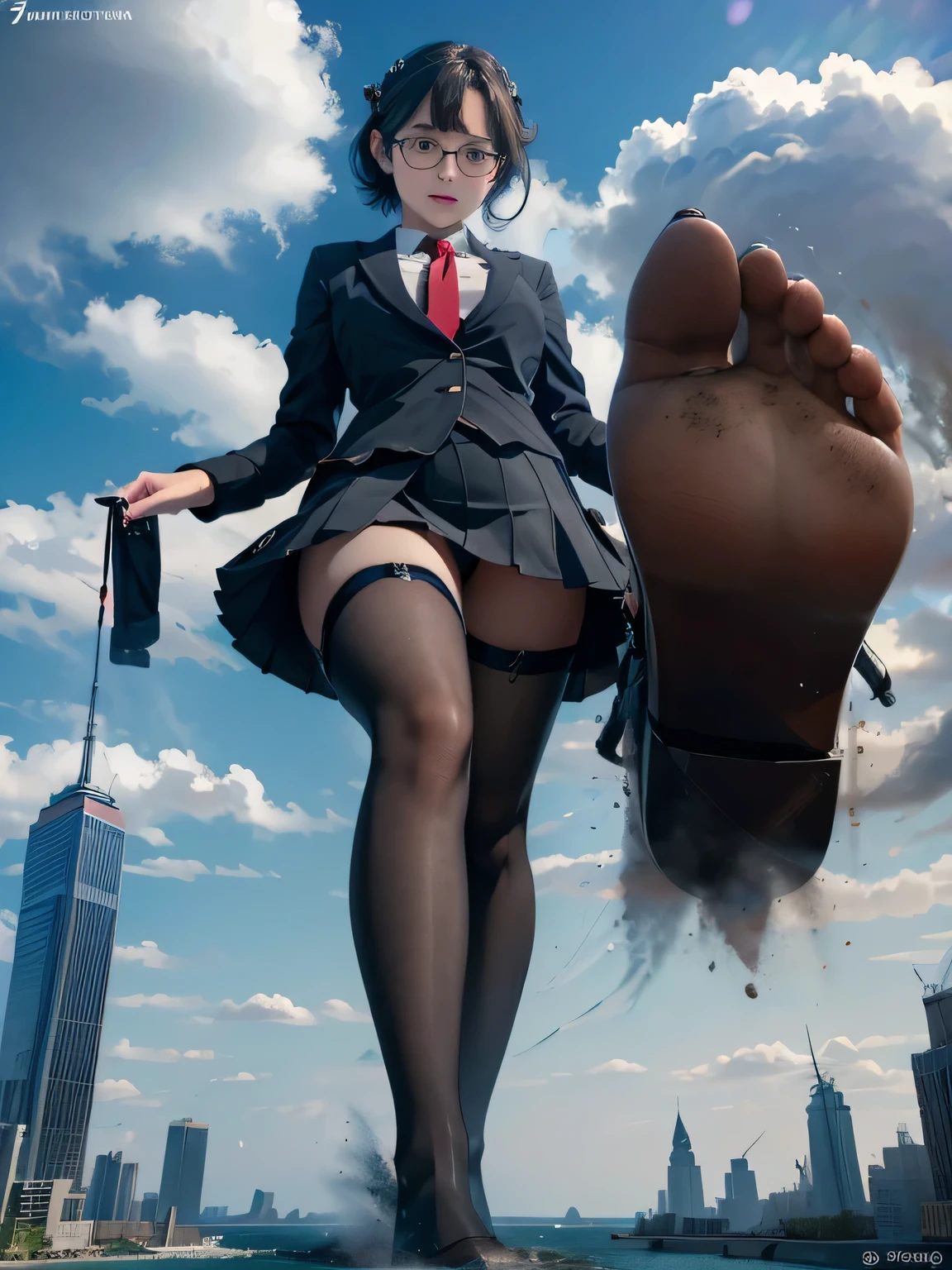 multiple girls, 3girls, standing, giantess art, highly detailed giantess shots, giantess, most detailed, perfect face, Two legs, Five fingers, short hair, A high school girl who is bigger than a skyscraper, Wearing rimless glasses, smile, huge breasts, Navy blazer, Red tie, mini skirt, black pantyhose, no shoes on, toes visible through pantyhose, Steam coming out from the soles of my feet, seaside metropolis, numerous miniature warships on the sea, Destroying cities, Under heavy attack, A very small big city, Miniature metropolis, Full body description, GTS, giga giantess, stomping city, crash city, tiny city, micro city, pantyhose feet, High resolution, highest quality, masterpiece,
