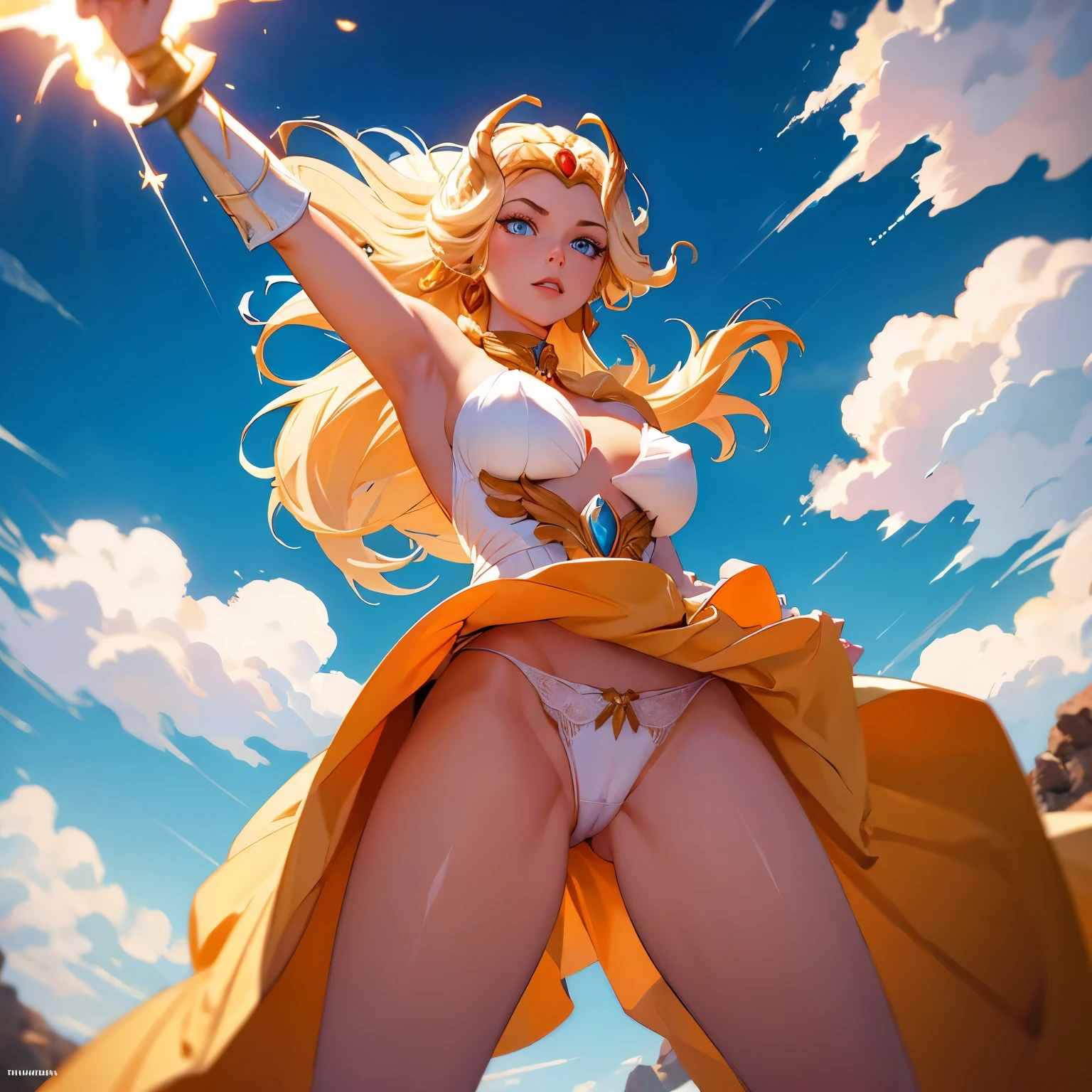 comics,(Highest quality:1.15), (masterpiece:1.17),
SheRaQuiron Character, One girl, blue eyes, rampage,shoot from below, wind from below,(white panties),up skirt,(open thighs),puffy nipples,camel ropes, blue sky,