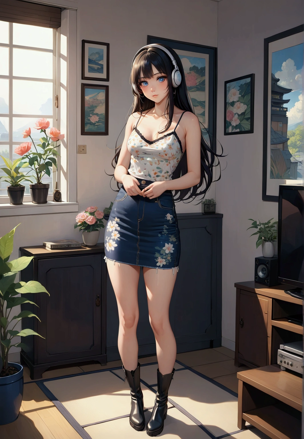 realistic anime of a cute young long hair woman with headphone on living room, standing, warm lighting, (she has a black hair without bangs ), (wearing white with flowers print spaghetti strap, frings spaghetti strap, navy-blue denim pencil skirt, black boots), (1girl, solo, full body), (masterpiece, best quality, expressive eyes, perfect face, japanese anime style)