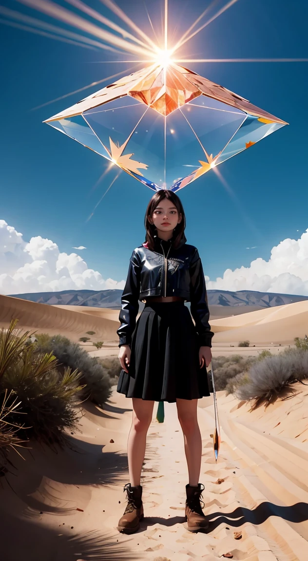 a woman is standing in the desert with a large object, full of glass. society, magical crystals, still frame from a movie, inspired by Louis Mathieu Verdilhan, album art for a trance DJ, the rift, triangle shards, cinematic lens flare, connectedness, [ shards, 4 dimensions