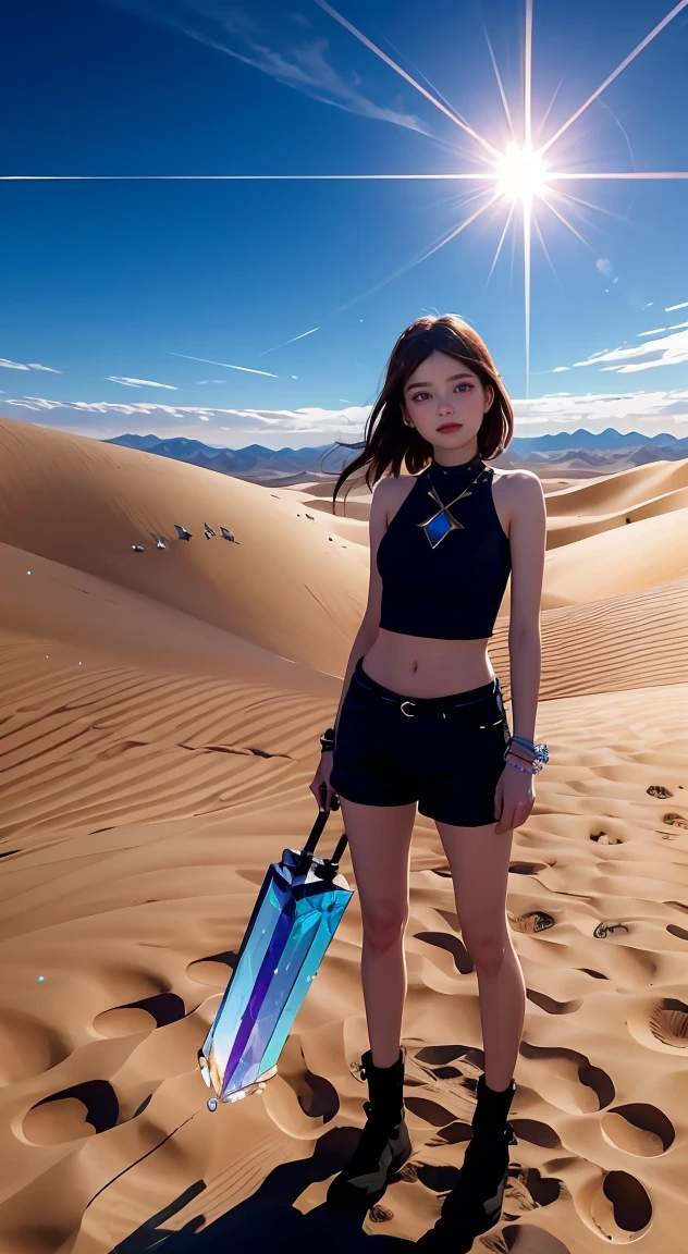 a woman is standing in the desert with a large object, full of glass. society, magical crystals, still frame from a movie, inspired by Louis Mathieu Verdilhan, album art for a trance DJ, the rift, triangle shards, cinematic lens flare, connectedness, [ shards, 4 dimensions