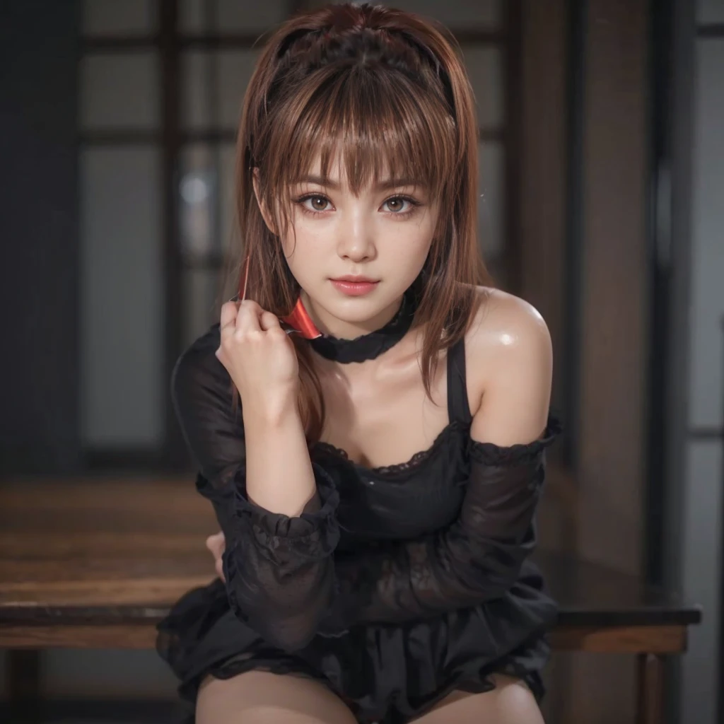 kasumi, eyes browns, (best qualityer, ultra detali), (realisitic:1.37), beautiful and detailed face, ultra-realisitic texture, 精致的面容, Delicate body, red lipgloss stick, shiny colors. High definition, 8k, expression with a slight cute smile