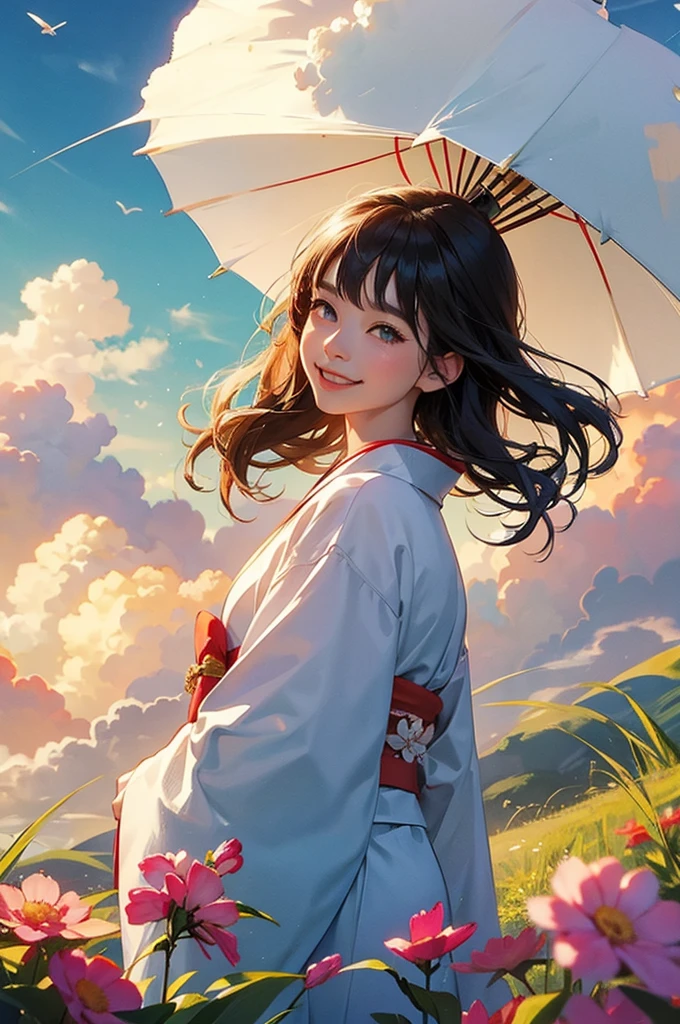 A beautiful woman in a kimono greets the morning with a smile against the backdrop of summer cumulonimbus clouds