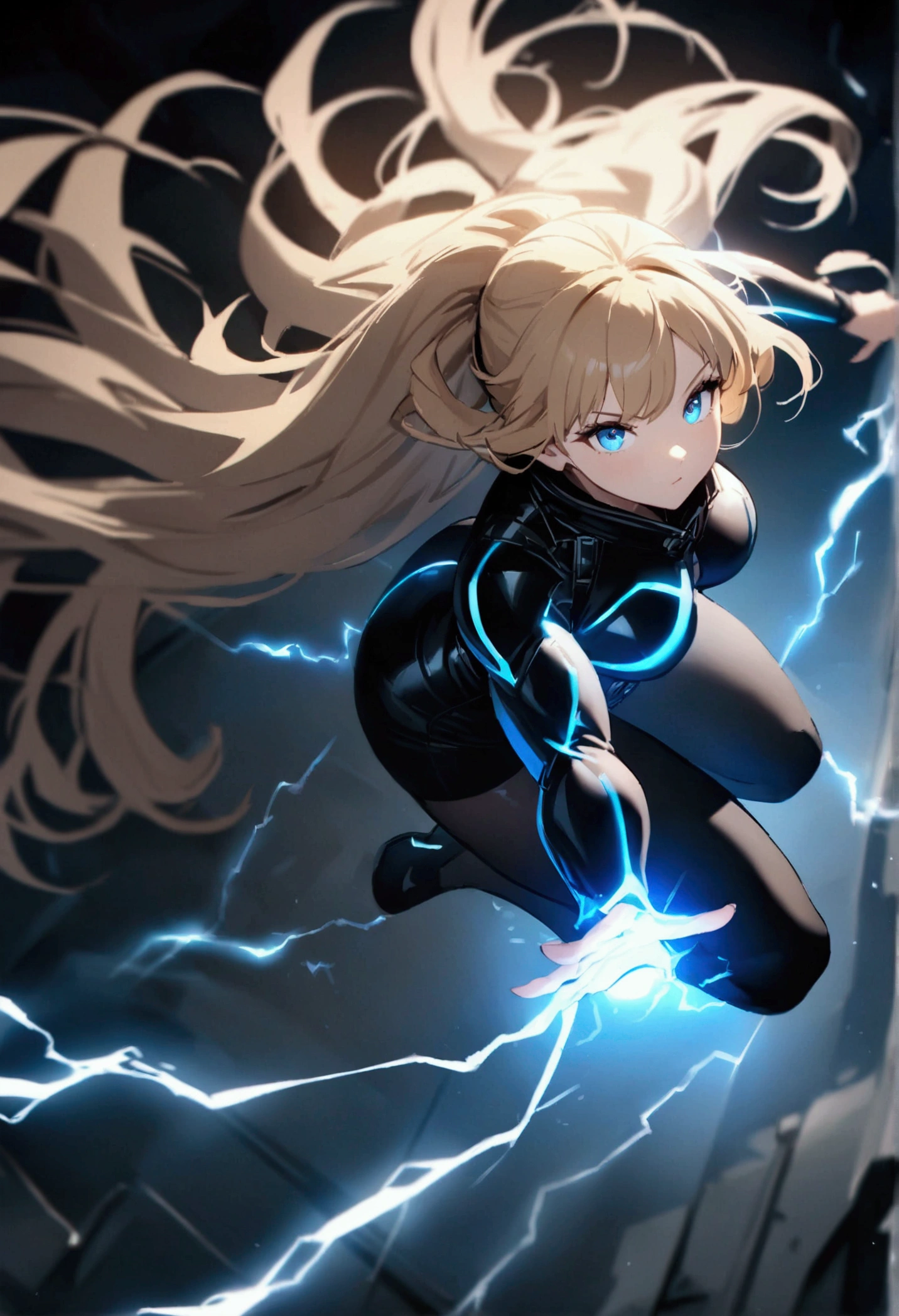 blonde, long flowing hair, cinematic, light blue eyes, glowing effect, electricity, 1 girl, beautiful girl, black leggings, small open black jacket, jumping in air, epic, masterpiece, futuristic, flowing lightning energy around body, Lightning Glow effect, very detailed, action pose, from above view depth of field, muscle definition.