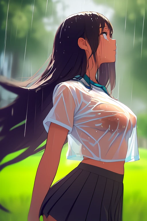 School Ground, , short sleeves, Skirt,
field, Bien visible through clothes, GOOD, transparent, Wet, girl with golden proportions, defined hips, big tits, butt rounding,
wavy mouth, (run:1.2), arms on head, looking away, Looking to the future, looking away, body with defined curves
(masterpiece, Best Quality, ultra detailed), black fur, big breasts,  in a sheer see through wet white shirt, wet clothes, 
beautiful face, kawaii, small face, (rain),
1 girl, Alone