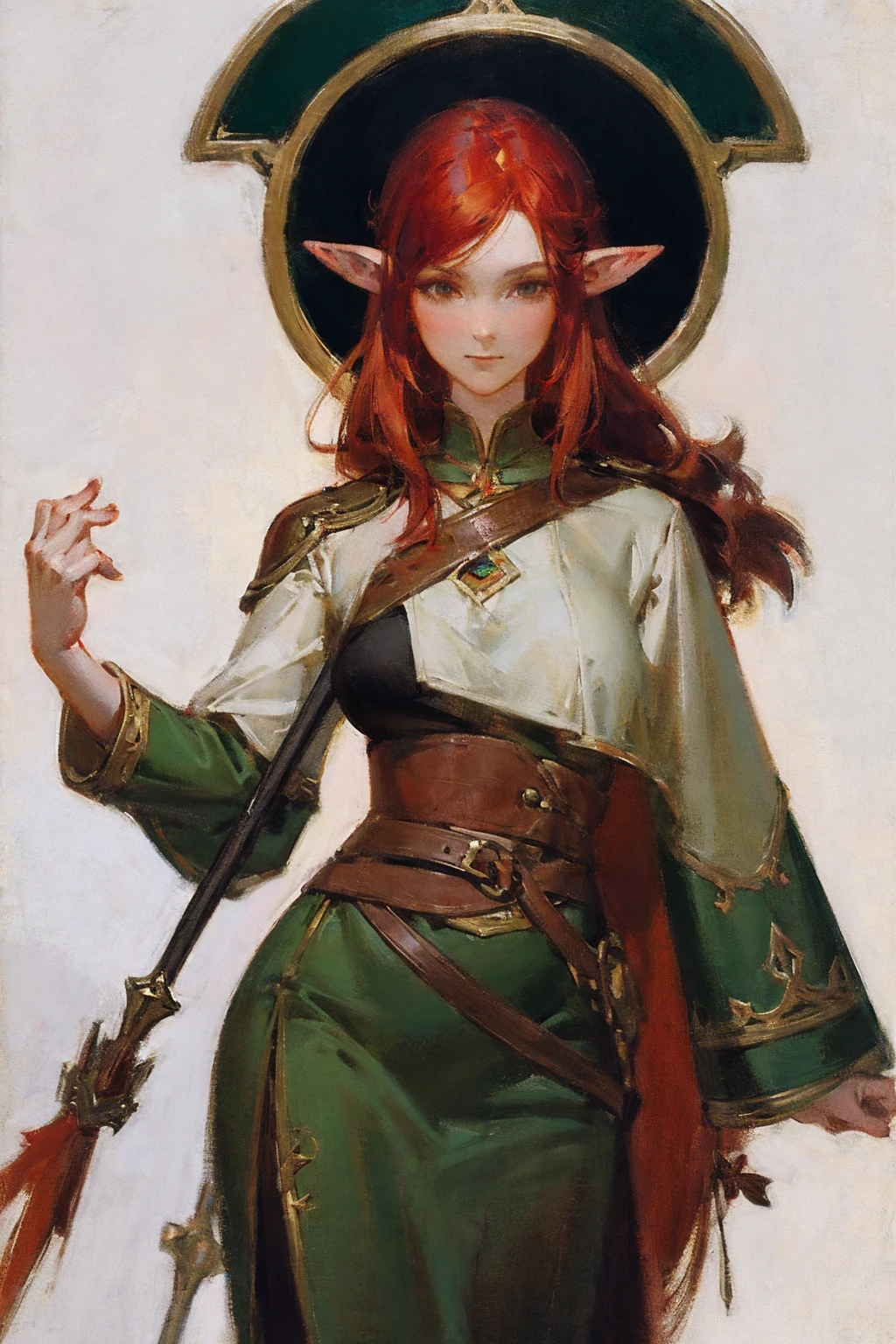 portraiture art of an elf woman, modern clothing, red hair, thick black outlines, character design, character concept art, loose paint, white background, painterly illustration, highly detailed, cartoonish proportions, glossy straight hair, creative