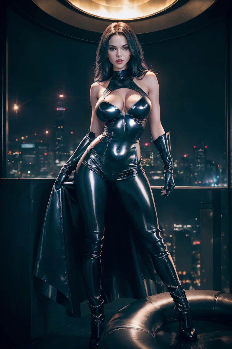 full body superheroine 24 years old Catwoman black long wavy hair green cat eyes black mouth tall slender graceful body big round breasts broad shoulders black metallic shiny tight leather pants, black metallic shiny short plunging sleeveless tops blue boots dress hero pose even a terrifying nightgotham city sprawls on top of a gothic house, a semi-dark plume of light octane render photorealistic 