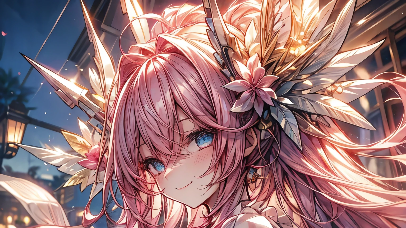 Masterpiece、Pink Hair、Delicate eyes、smile、Tied up hair、Beautiful hair ornament、Upper Body、night、Ocean