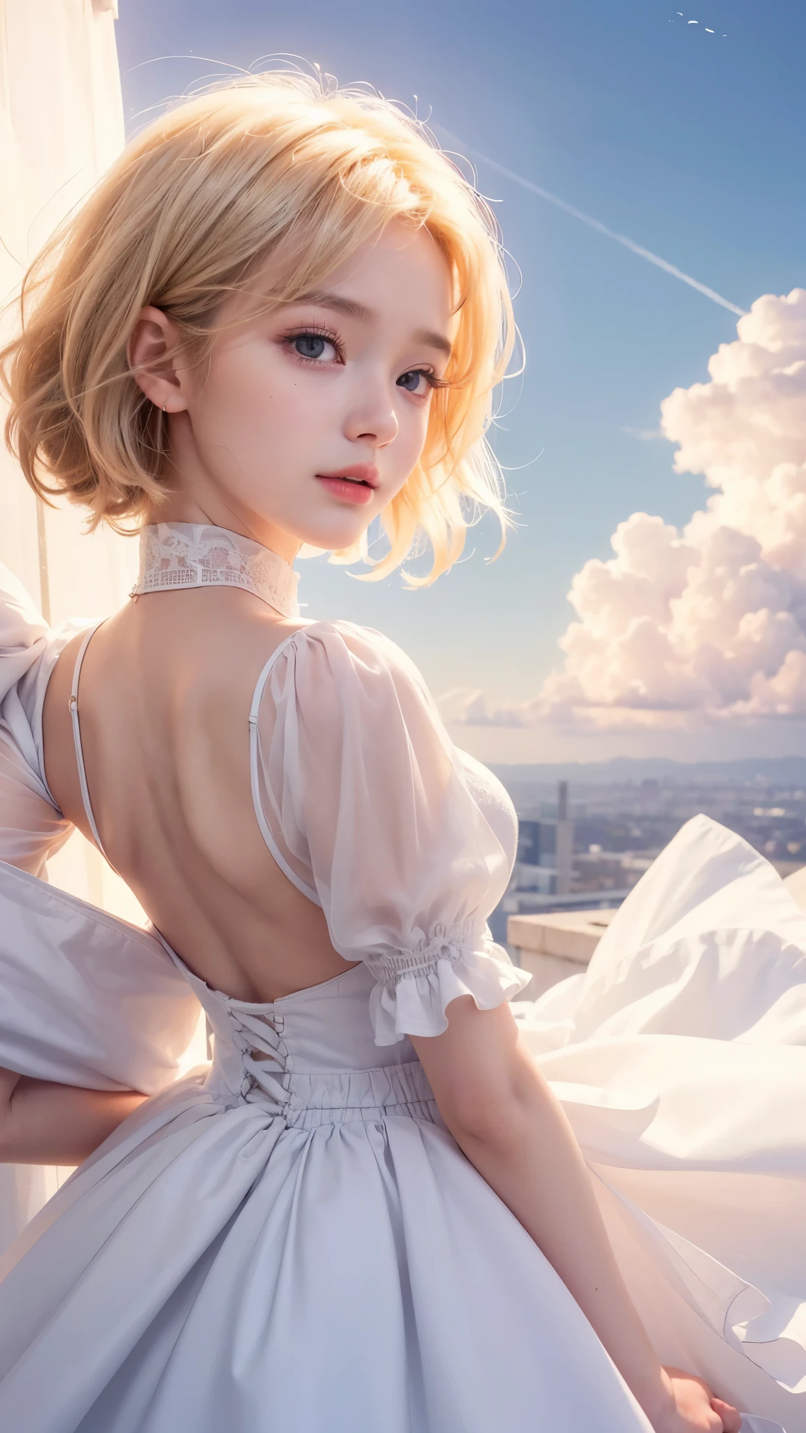 (A beautiful girl in a white dress is looking at the sunset on an observation deck with a beautiful view)、cumulonimbus、(、Idol Face、Baby Face:1.5)、Short Blonde Hair、(Hair and skirt fluttering in the wind:1.3)、Cute Face、Beautiful back、Beautiful breasts、Beautiful eyes wide open、high nose、Moisturizing lips、((Tight waist:1.2))、(Detailed eyes and face:1.2、Professional photography techniques)、(Highest quality、Highest quality、Masterpiece、Ultra high definition、Reality:1.37)