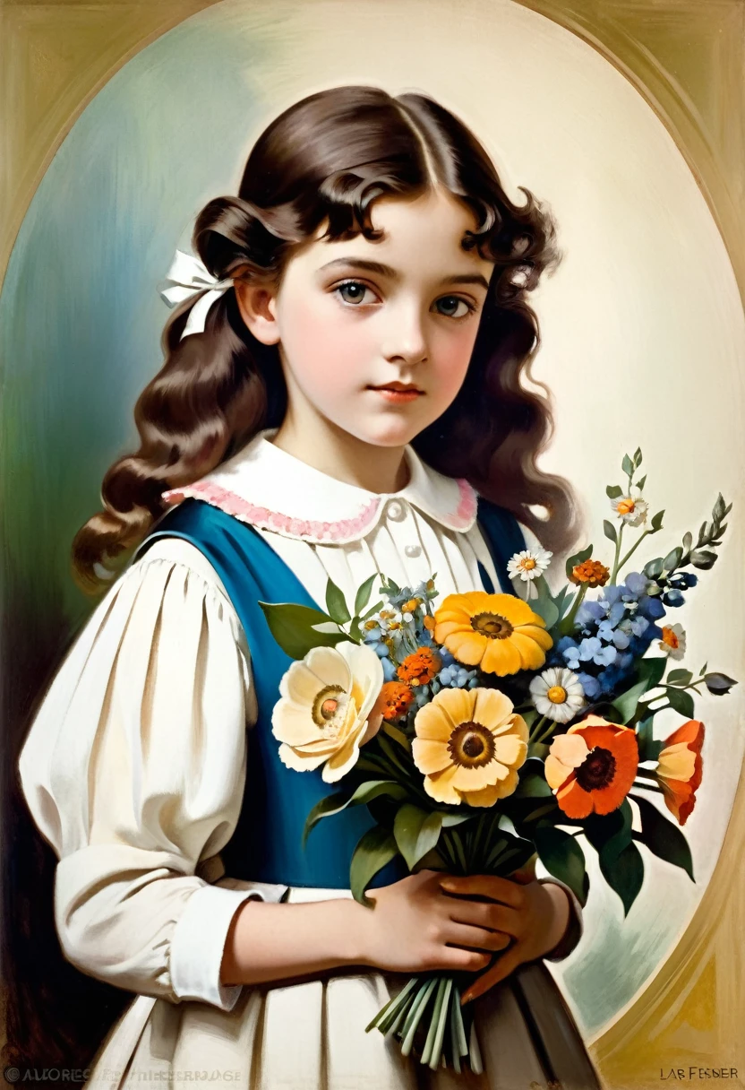 arafed portrait of a young girl holding a bouquet of flowers, young girl, portrait young girl, inspired by Adolf Hirémy-Hirschl, portrait of a young girl, inspired by Lajos Gulácsy, by Hugo Anton Fisher, portrait of girl, portrait of a girl, inspired by Margaret Brundage, inspired by Adolphe Willette
