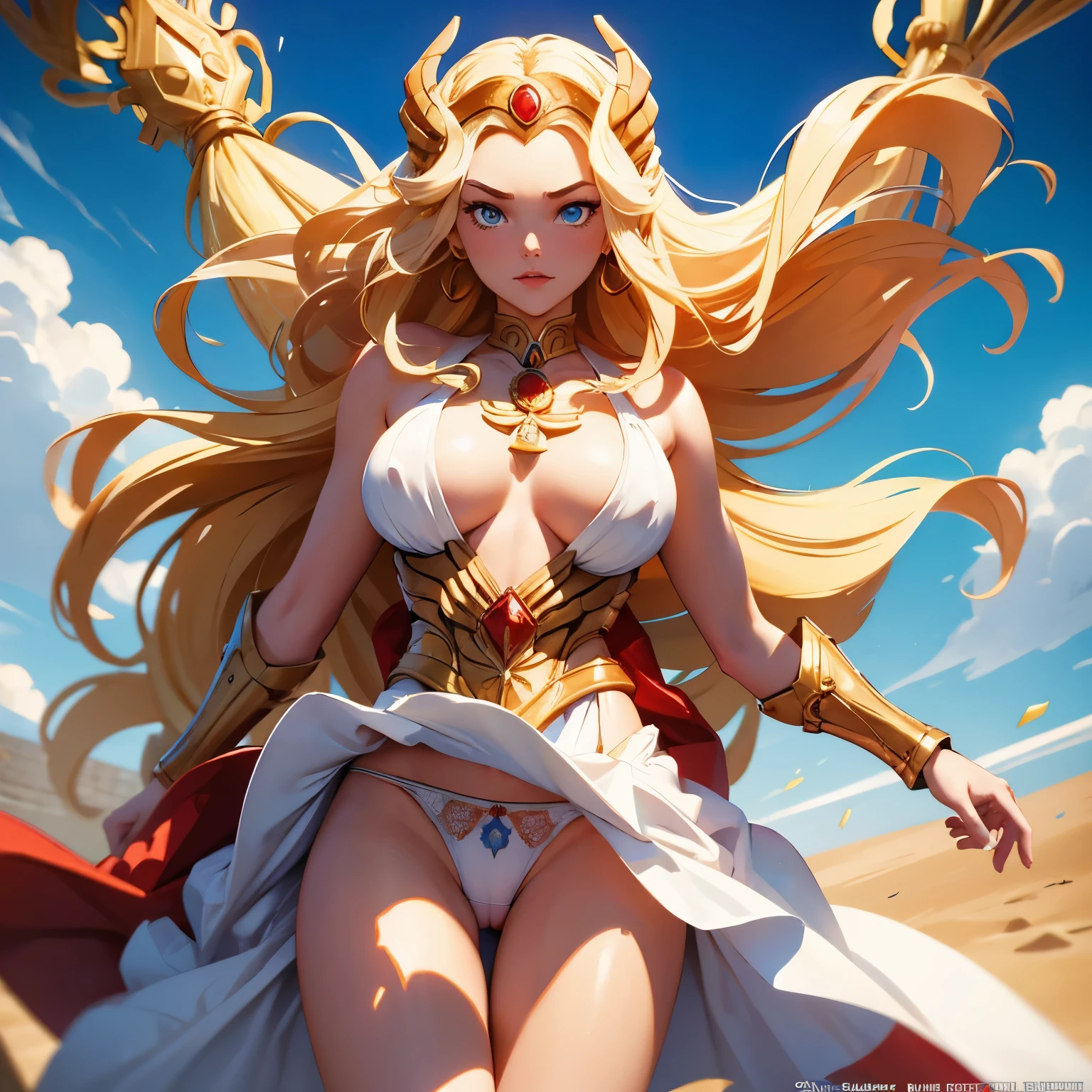 comics,(Highest quality:1.15), (masterpiece:1.17),
SheRaQuiron Character, One girl, blue eyes, rampage,shoot from below, wind from below,(white panties),up skirt,(open thighs),puffy nipples,camel ropes, blue sky,
